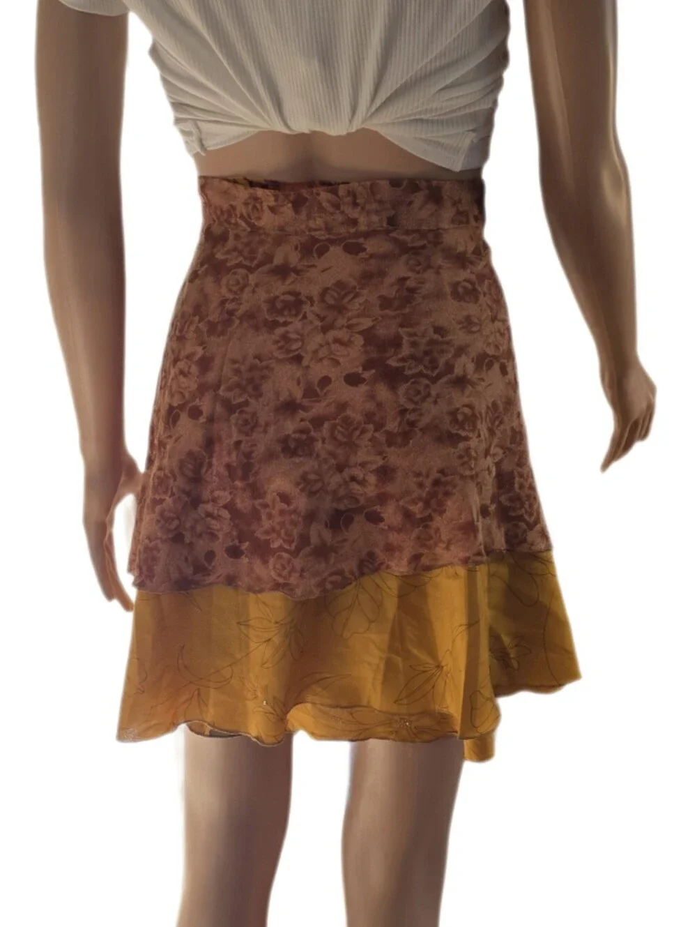 Earthbound Trading Co. Gold Burgundy  Wrap Skirt Mini Polyester Boho